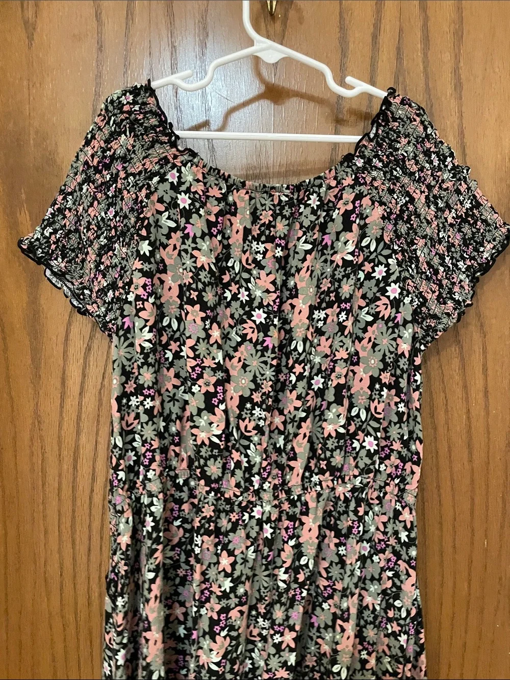 wonder nation Black Floral Smocked Dress with Pink & Green Print